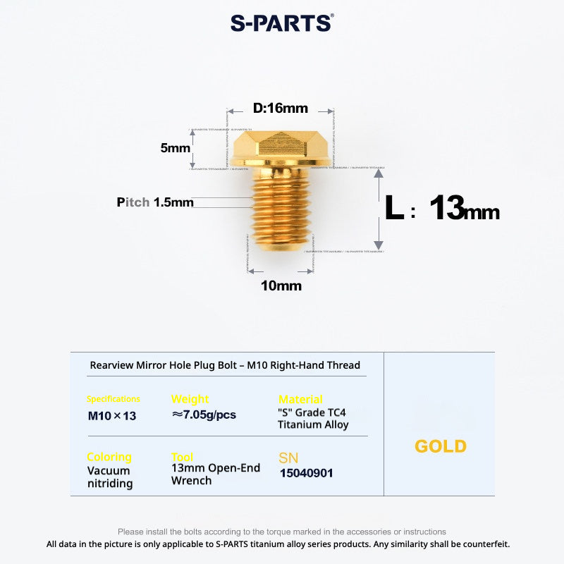 S-PARTS TC4 Titanium Mirror Plug Bolt M8 M10 RH/LH for Motorcycle