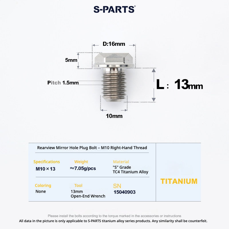 S-PARTS TC4 Titanium Mirror Plug Bolt M8 M10 RH/LH for Motorcycle