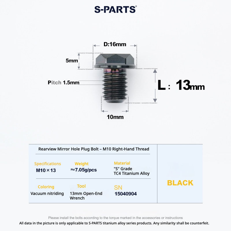S-PARTS TC4 Titanium Mirror Plug Bolt M8 M10 RH/LH for Motorcycle