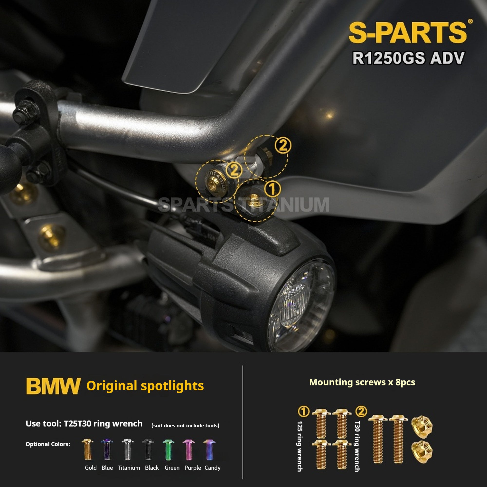 SPARTS Titanium Bolt Kit for BMW R 1250GS ADV – Custom Candy Color & CNC Titanium Upgrade Kit