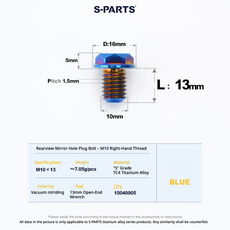 S-PARTS TC4 Titanium Mirror Plug Bolt M8 M10 RH/LH for Motorcycle