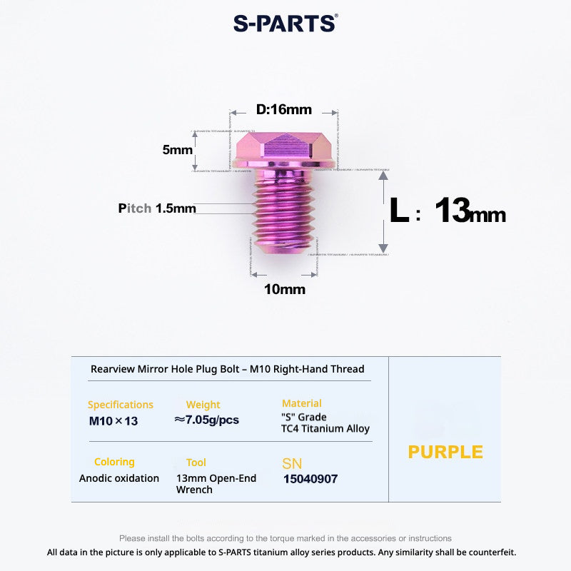 S-PARTS TC4 Titanium Mirror Plug Bolt M8 M10 RH/LH for Motorcycle