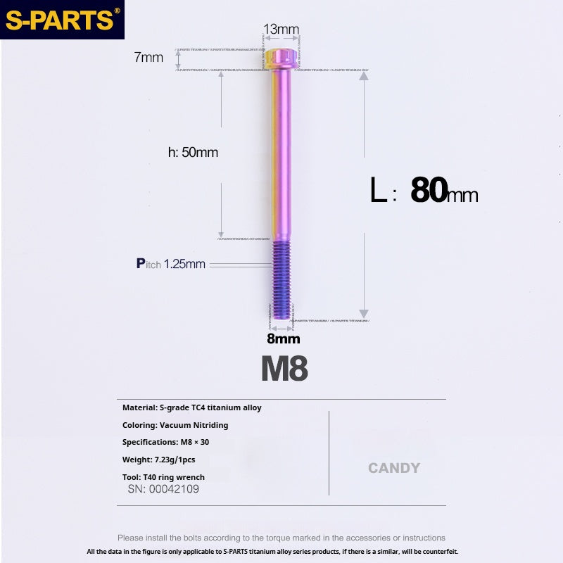 S-PARTS M8 Standard Head A3 Series Titanium Alloy Screws for Electric and Motorcycle Modification Locking