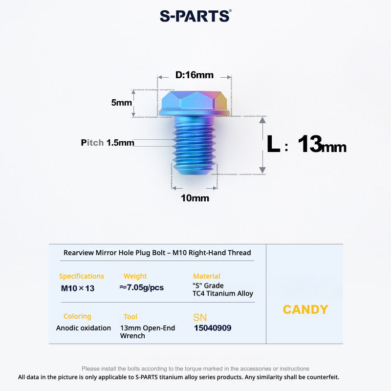 S-PARTS TC4 Titanium Mirror Plug Bolt M8 M10 RH/LH for Motorcycle