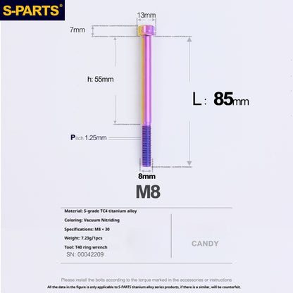 S-PARTS M8 Standard Head A3 Series Titanium Alloy Screws for Electric and Motorcycle Modification Locking Blue and candy color