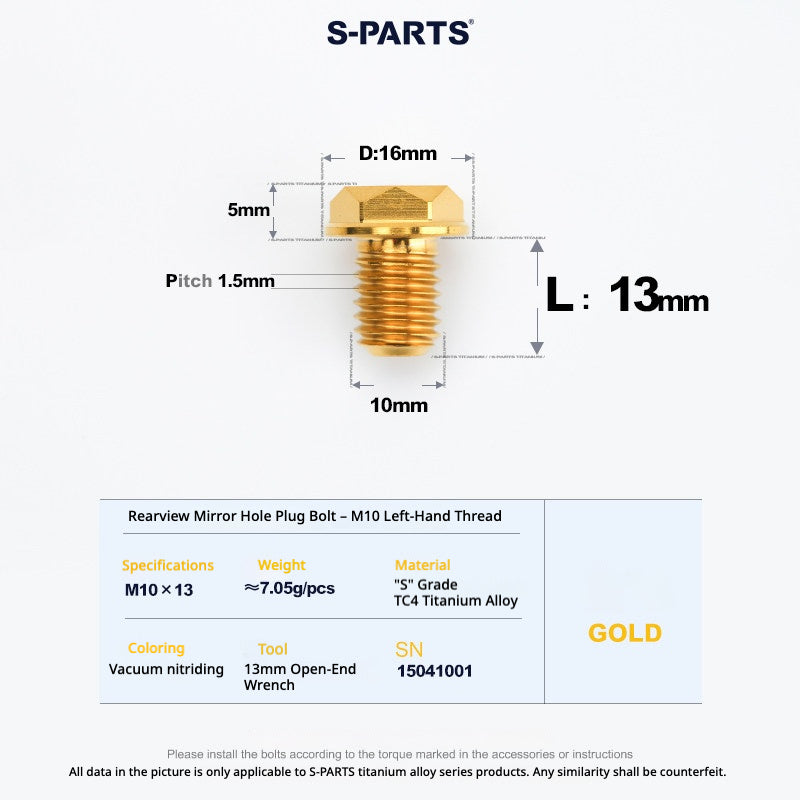 S-PARTS TC4 Titanium Mirror Plug Bolt M8 M10 RH/LH for Motorcycle