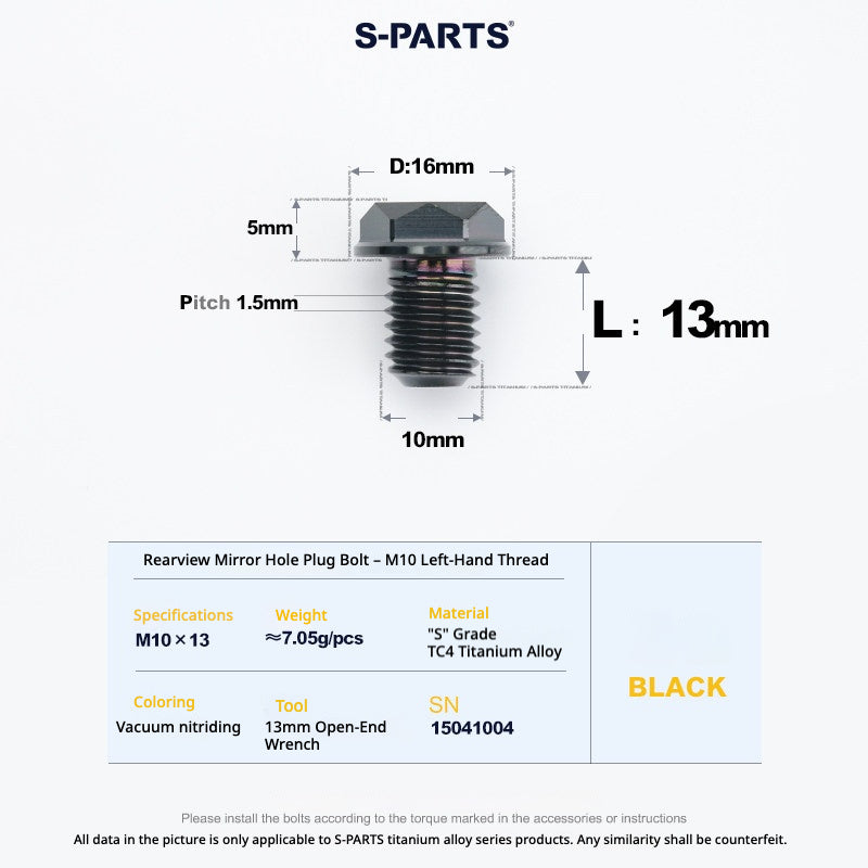 S-PARTS TC4 Titanium Mirror Plug Bolt M8 M10 RH/LH for Motorcycle