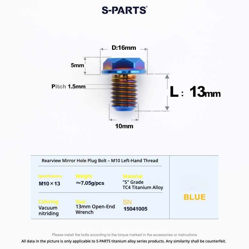 S-PARTS TC4 Titanium Mirror Plug Bolt M8 M10 RH/LH for Motorcycle