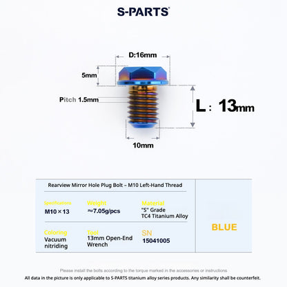S-PARTS TC4 Titanium Mirror Plug Bolt M8 M10 RH/LH for Motorcycle