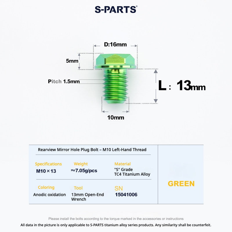 S-PARTS TC4 Titanium Mirror Plug Bolt M8 M10 RH/LH for Motorcycle