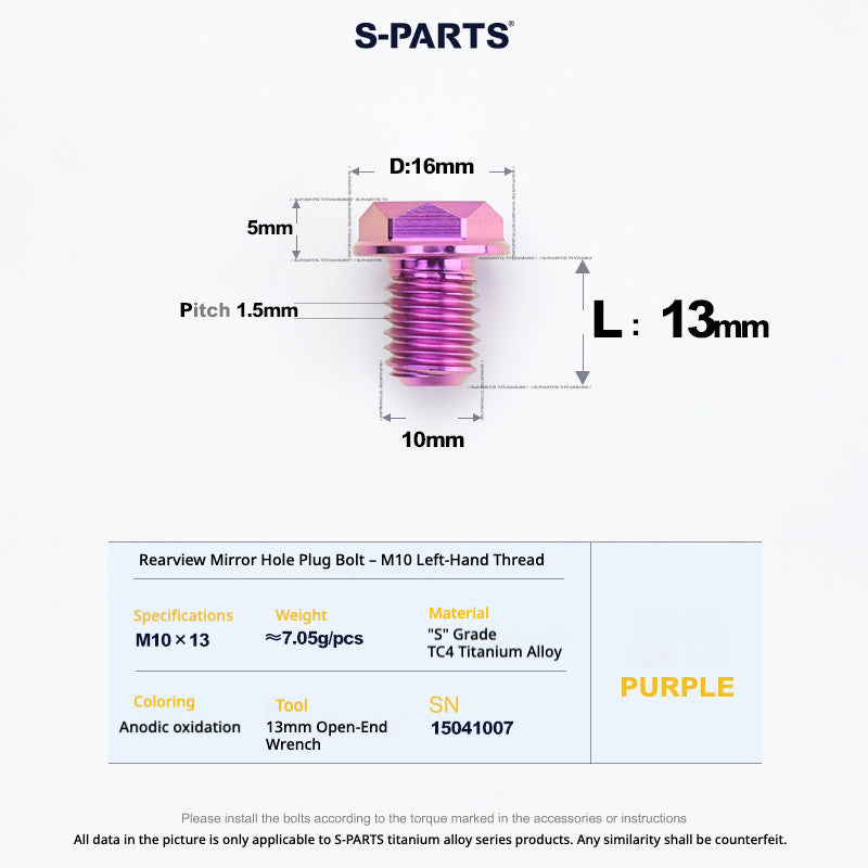 S-PARTS TC4 Titanium Mirror Plug Bolt M8 M10 RH/LH for Motorcycle