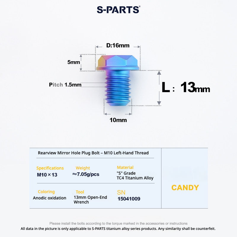 S-PARTS TC4 Titanium Mirror Plug Bolt M8 M10 RH/LH for Motorcycle